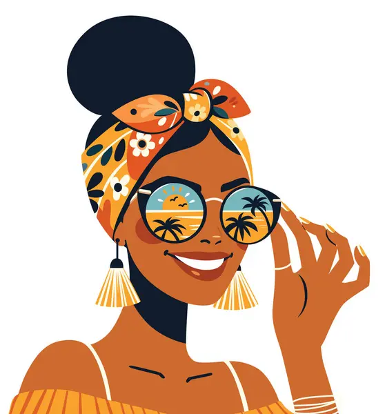Płaska Ilustracja Projektu Radosnej Kobiety Okularach Przeciwsłonecznych Odbijających Palmy Świętującej Wektor Stockowy