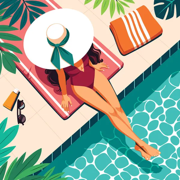 Bir Yaz Günü Havuz Kenarında Uzanan Bir Kadın Tasviri Vektör Grafikler