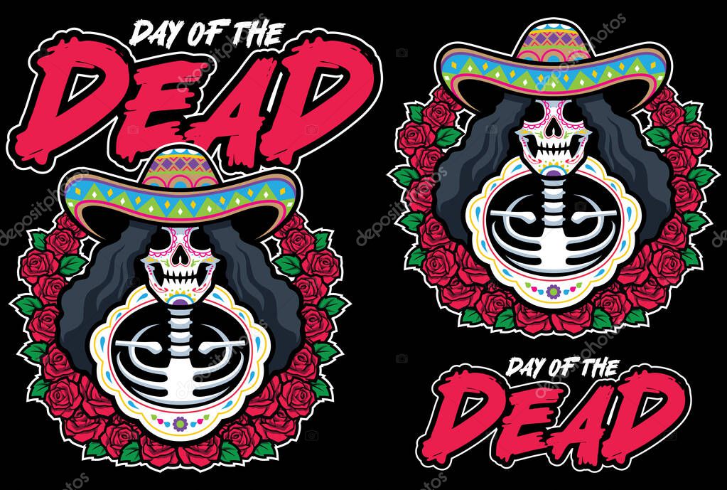 Mascot style illustration of a skeleton with a sombrero surrounded by roses for Day of the Dead festivities.