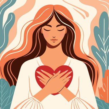 Illustration of a serene woman with long hair holding a heart, set against an abstract background with soft colors. clipart