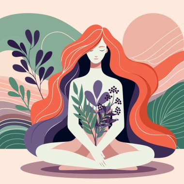 Uzun, dalgalı kızıl saçları ve çiçek unsurları olan sakin bir kadının tasviri, soyut bir arka planda geçiyor..