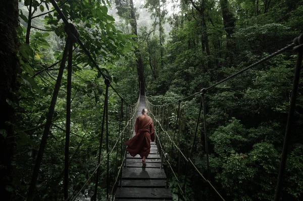 Βουδιστής Μοναχός Διασχίζει Κρεμαστή Γέφυρα Στο Τροπικό Δάσος — Φωτογραφία Αρχείου