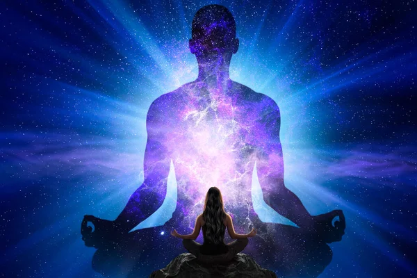 Woman Doing Yoga Front Giant Silhouette Man Universe — Stock Photo, Image
