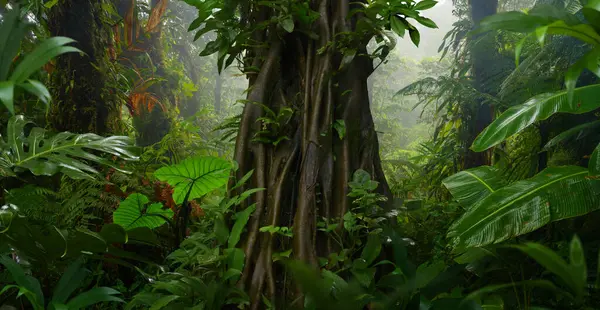 Bir Sürü Bitki Içeren Tropik Orman Manzarası — Stok fotoğraf
