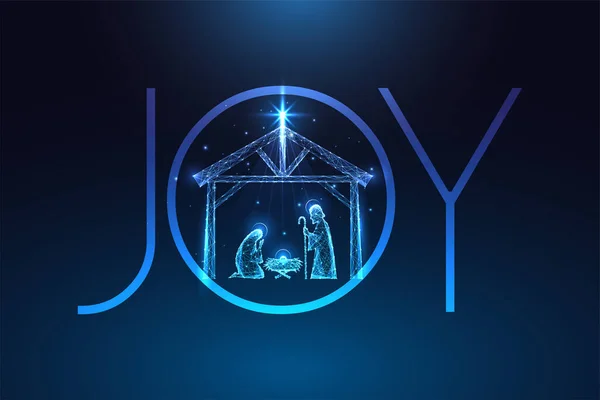 İsa 'nın doğumu sahnesinin olduğu Hıristiyan dini Noel tebrik kartı ve koyu mavi arka planda parlak düşük çokgen tarzlı Joy kelimesi. Modern soyut bağlantı tasarımı vektör çizimi
