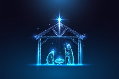 Noel İsa 'nın doğumu sahnesinde ahırda parlayan siluetler koyu mavi arka planda parlak düşük çokgen tarzında. Modern soyut bağlantı tasarımı vektör çizimi