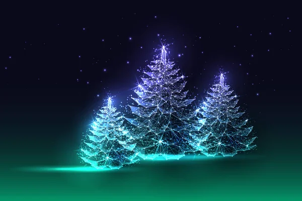 北方灯火圣诞贺卡与发光云杉林在深蓝色到绿色背景的前瞻性发光多边形风格 现代抽象连接设计矢量说明 — 图库矢量图片