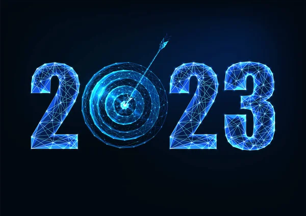 2023新年决心 目标和目的概念 带有明亮的低多边形数字 目标和箭头 背景为深蓝色 未来主义设计矢量图解 — 图库矢量图片