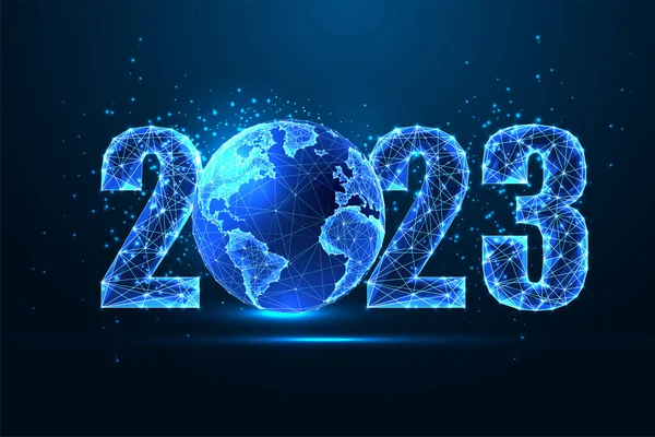 具有发光低多边形2023数位和深蓝色背景的行星地球的未来2023新年数位网路横幅模板 现代线框网格设计矢量插画 — 图库矢量图片