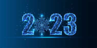 Soyut 2023 Mutlu Yıllar dijital web pankartı şablonu. Koyu mavi arka planda parlak, kar taneleri şeklinde. Modern kablo tasarım vektör çizimi.
