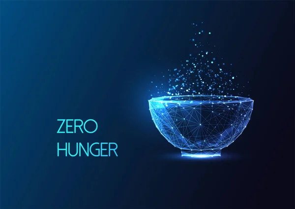 持続可能な開発目標の一環としてのゼロ飢餓の概念暗い青の背景に未来的な輝く低多角形のスタイルで食品ボウルと 現代の抽象接続設計ベクトル図 — ストックベクタ