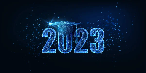 Futuristic Graduation 2023 Concept Banner Glowing Low Polygonal Graduation Hat — Stock Vector