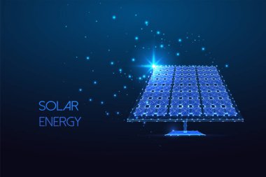 Koyu mavi arka planda parlak parlak, düşük çokgen şekilli güneş paneli. Yenilenebilir enerji kaynakları. Gelecekteki güç endüstrisi. Modern soyut bağlantı tasarımı vektör çizimi.