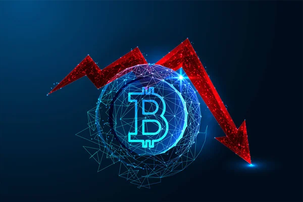 Bitcoin Fiyat Düşüşü Kavramı Bitcoin Madeni Para Kırmızı Okla Birlikte — Stok Vektör
