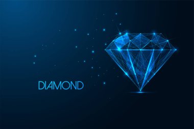 Futuristic diamond symbol in glowing low polygonal style isolated on dark blue background. Luxury, value concept. Modern abstract connection design vector illustration. clipart