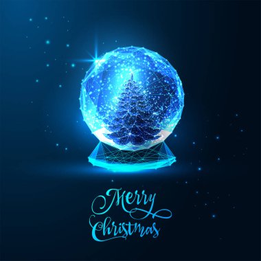 Kar küresi ve koyu mavi gece arka planında Noel ağacı olan mutlu Noeller kartı. Geleceğin parlayan düşük çokgen tarzı. Modern soyut bağlantı tasarımı vektör çizimi