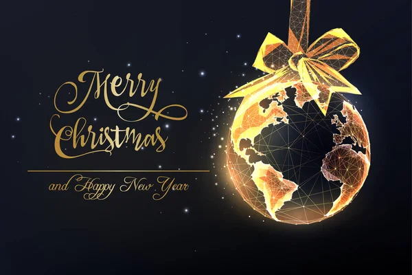 Золота Листівка Веселого Різдва Планетарною Земною Кулею Висить Різдвяний Орнамент — стоковий вектор