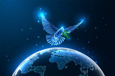 World peace concept with flying dove and planet Earth map from space in futuristic glowing low polygonal style on dark blue background. Modern abstract connection design vector illustration. clipart