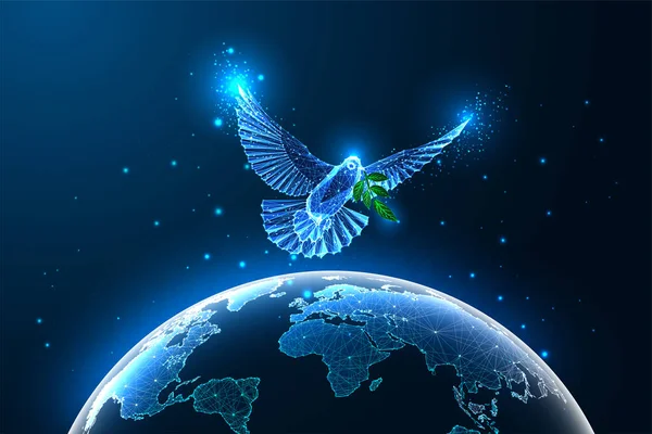 Концепция Мира Всем Мире Летающим Голубем Картой Земли Космоса Футуристическом — стоковый вектор
