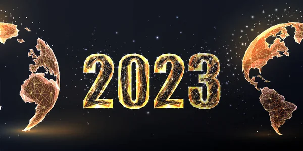 Ευτυχισμένο Νέο Έτος 2023 Στο Κόσμο Κομψό Χρυσό Ευχετήρια Κάρτα — Διανυσματικό Αρχείο
