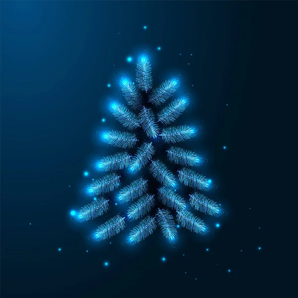 暗い青の背景に隔離された未来的な輝く低多角形のスタイルでクリスマススプルースの木を耕す メリークリスマスグリーティングカード 現代の抽象接続設計ベクトル図 — ストックベクタ
