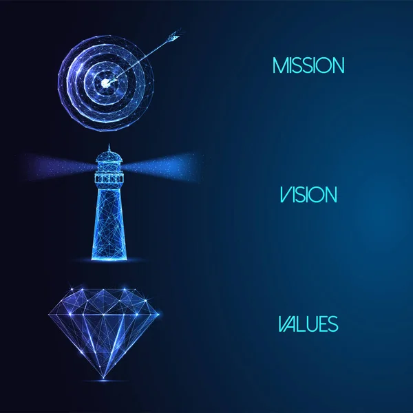 未来のミッションビジョンダークブルーの背景に輝く低多角形のターゲット ダイヤモンド 灯台のシンボルでビジネスコンセプトを評価します 現代の抽象的なワイヤフレームメッシュデザインベクトルイラスト — ストックベクタ
