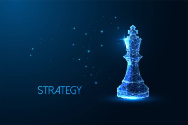 Gelecekçi liderlik, güç, strateji, parlak düşük çokgen Kral satranç figürünün koyu mavi arka planda izole edildiği akıllıca kararlar. Modern soyut tasarım vektör çizimi.
