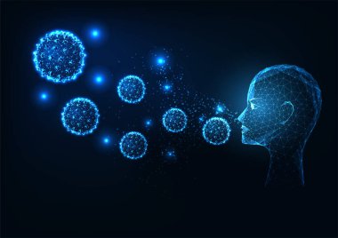 Concept of pollen allergy with person inhaling pollen particles in futuristic glowing low polygonal style on dark blue background. Modern abstract connection design vector illustration. clipart