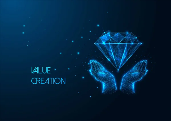 Stock vector Futuristic Value creation in business idea, excellent customer experience concept with glowing low polygonal hands holding diamond on dark blue background. Modern abstract design vector illustration.