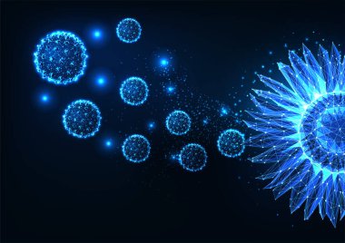 Polen alerjisi kavramı, çiçekli çiçekli çiçek kokuları ve koyu mavi arka planda parlayan fütüristik düşük çokgen şekilli mikroskobik parçacıklar. Modern soyut bağlantı tasarım vektörü çizimi