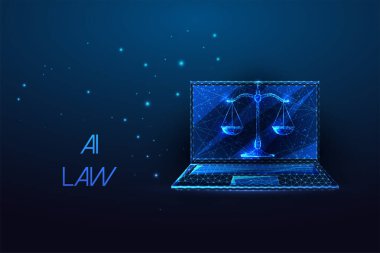 AI law, legal ethics, access to justice, cybersecurity futuristic concept with laptop and scales in glowing low polygonal style on dark blue background. Modern abstract design vector illustration. clipart