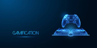 Gamification, dimersive learn, gelecekteki eğitim fütüristik konsept açık kitap ve oyun denetleyicisi mavi arka planda parlayan düşük çokgen stilde. Modern soyut tasarım vektör çizimi