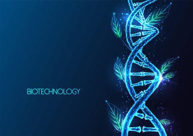 Biyoteknoloji, biyomühendislik, sürdürülebilir genetik fütüristik kavram DNA ve yeşil yapraklarla koyu mavi arka planda parlayan düşük çokgen stili. Modern soyut tasarım vektör çizimi.