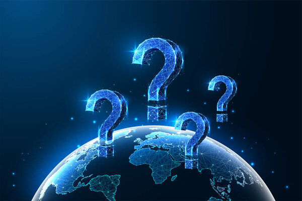 Global issues concept with Earth globe and question marks in futuristic glowing low polygonal style on dark blue background. Modern abstract connection design vector illustration.
