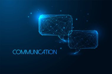 Interactive communication, digital chat futuristic concept with speech bubbles in glowing low polygonal style on dark blue background. Dialogue, AI chat. Abstract connection design vector illustration clipart