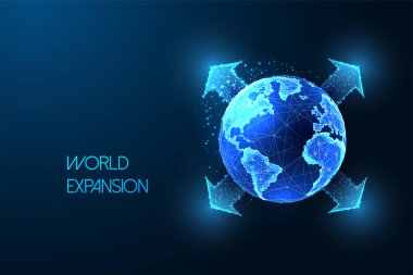 Küresel genişleme, teknolojik ilerleme, dünya küresi ve mavi arka planda parlayan düşük çokgen oklarıyla fütüristik kavram. Modern tel çerçeve ağ tasarımı vektör çizimi.