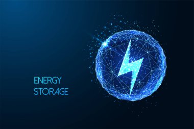Enerji deposu, sürdürülebilir enerji çözümleri kürenin içinde parlak çokgen tarzı mavi arka planda olan fütüristik konsept. Modern soyut tasarım vektör çizimi