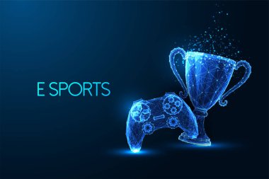 E spor, sanal oyun turnuva fütüristik konsepti oyun kontrolörü ve kazanan kupa koyu mavi arka planda parlayan düşük çokgen stilde. Modern soyut tasarım vektör çizimi