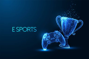 E sports, virtual gaming tournament futuristic concept with game controller and winner trophy cup in glowing low polygonal style on dark blue background. Modern abstract design vector illustration clipart
