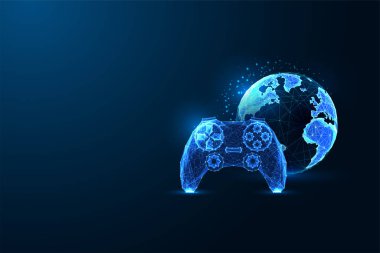 Küresel e-spor, sanal oyun yarışmaları joystick ile gelecekteki konsept ve dünya küresi mavi arka planda parlayan düşük çokgen stilde. Modern soyut bağlantı tasarımı vektör çizimi.