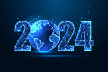 Fütürist 2024 Yeni Yıl Dijital Ağ Sancak Şablonu. Parlayan düşük çokgen 2023 haneli ve koyu mavi arkaplanlı Dünya gezegeni. Modern tel çerçeve ağ tasarımı vektör çizimi.