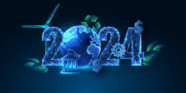 2024 için hassas gelişim hedefleri, yeni yıl web pankartları, parlak rakamlar, dünya küresi ve koyu mavi arka planda ironik elementler. Modern soyut vektör çizimi