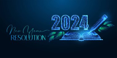 2024 soyut yeni yıl çözünürlük pankartı açık defter, kalem ve 2024 basamaklı koyu mavi arka planda parlak çokgen tarzı. Modern kablo tasarım vektör çizimi.
