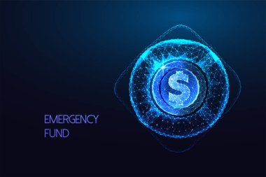 Acil durum fonu, finansal güvenlik, koyu mavi arka planda parlayan düşük çokgen tarzı mali güvenlik fütüristik konsept. Modern soyut bağlantı tasarımı vektör çizimi.