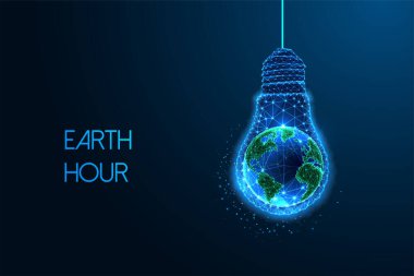 Dünya Saati, enerji koruma fütüristik konsepti. Ampulün içindeki Dünya gezegeni koyu mavi arka planda parlayan düşük çokgen tarzıyla. Modern soyut bağlantı tasarımı vektör çizimi.