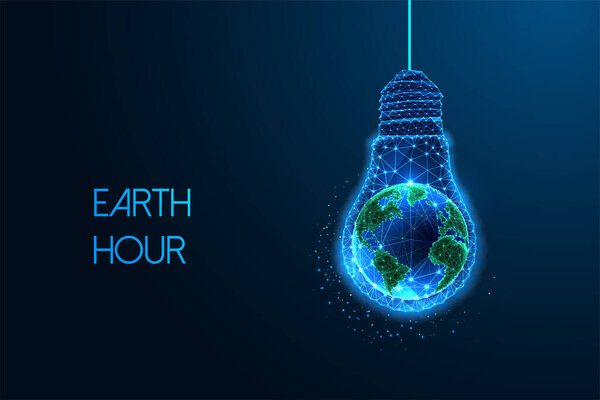 Earth Hour, Energy conservation futuristic concept with planet Earth inside of lighbulb in glowing low polygonal style on dark blue background. Modern abstract connection design vector illustration.