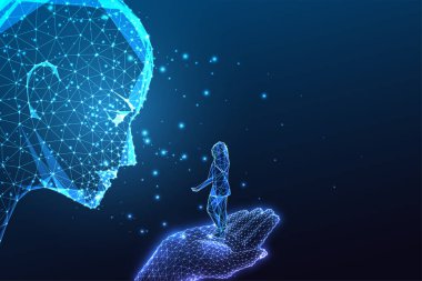Yapay zekanın gelecekteki konsepti. Dev robot yüz, yapay zeka ve insanlık arasındaki evrimsel ilişkiyi sembolize eden insan kız siluetiyle etkileşime girer. Koyu mavi arkaplanda vektör illüstrasyonu