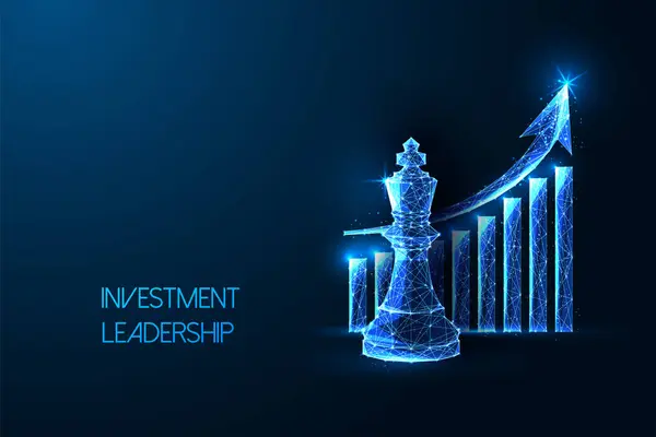 stock vector Investment leadership concept with king chess figure and ascending growth chart on dark blue background. Futuristic polygonal style illustration for finance, strategy, business themes. Abstract vector