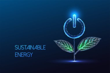 Sürdürülebilir enerji, yenilenebilir enerji üretim fütüristik kavramı yeşil santral ve elektrik düğmesi. Mavi arka planda parlayan düşük çokgen tarzı. Modern soyut tasarım vektör çizimi