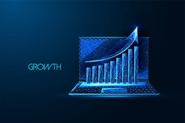 Dijital pazarlama analitiği, E-ticaret, Online Performans İzleme fütüristik kavram koyu mavi arka planda parlayan düşük çokgen tarzı. Modern soyut bağlantı tasarımı vektör çizimi.